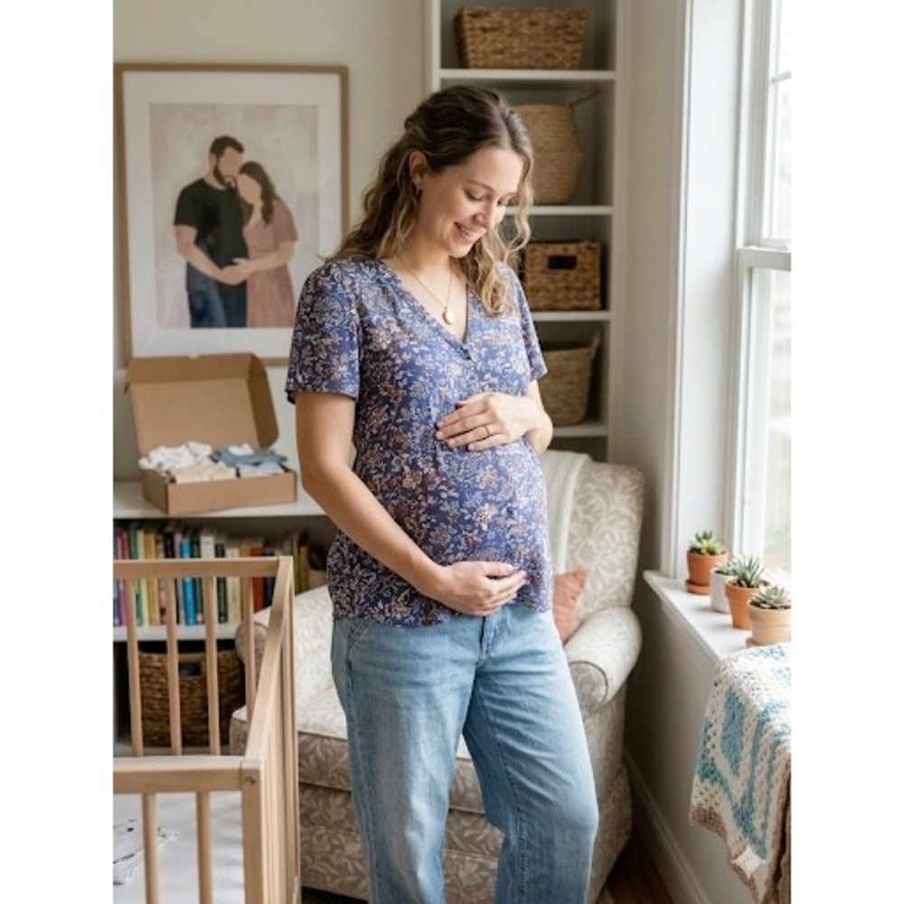 Isabel Maternity Ingrid & Isabel Blue Floral Button Front V-Neck Blouse Small